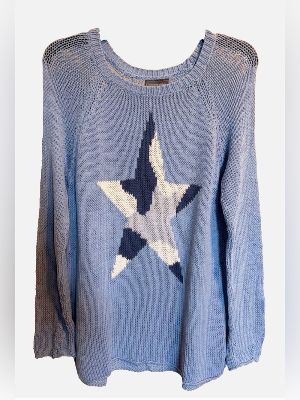 Wooden Ships Blue Camouflage Star Sweater Cotton Blend Lightweight Knit M/L